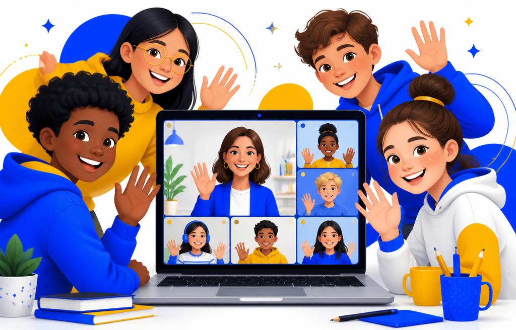 Kids and teacher on a video call