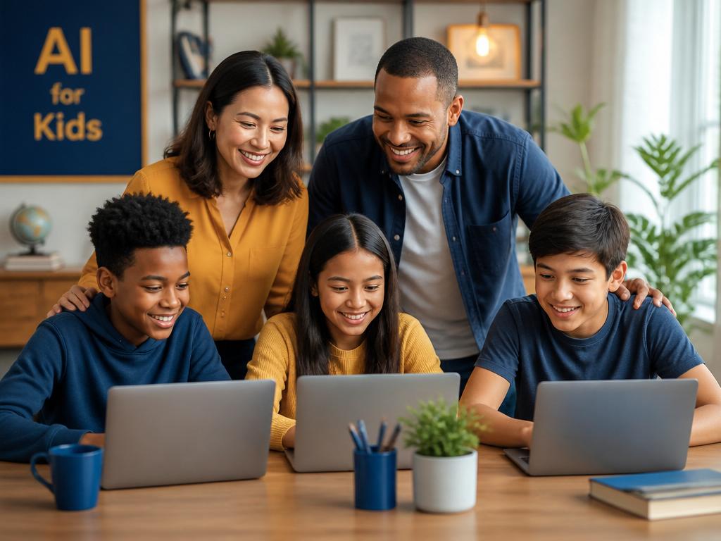Parents smiling while watching children aged 7–15 work on laptops together
